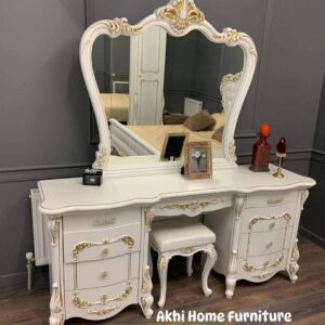 White & Gold Carved Dressing Table with Mirror & Stool