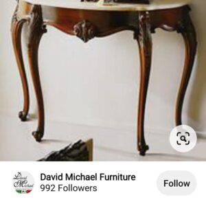 Carved Wood Demilune Console Table with Marble Top